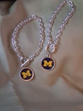 New! University of Michigan Silver Chain Bracelet W/ M Charm
